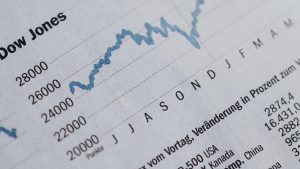 Newspaper page showing a graph of Dow Jones Index