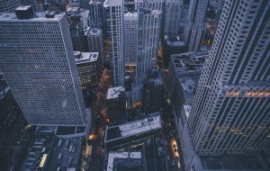 Elevated view on city streets and skyscrapers