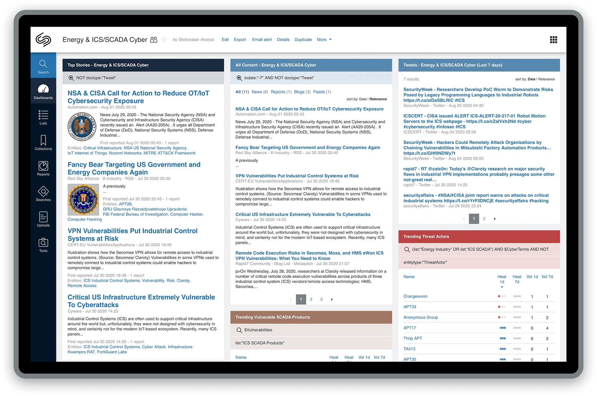 Energy and Utilities – ICS/SCADA Cyber – Silobreaker Dashboard